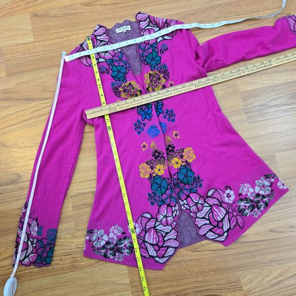 Ivko Cardigan Longer Sweater Size 36/S Superfine Merino Wool Floral Pink Fuchsia - Picture 11 of 16